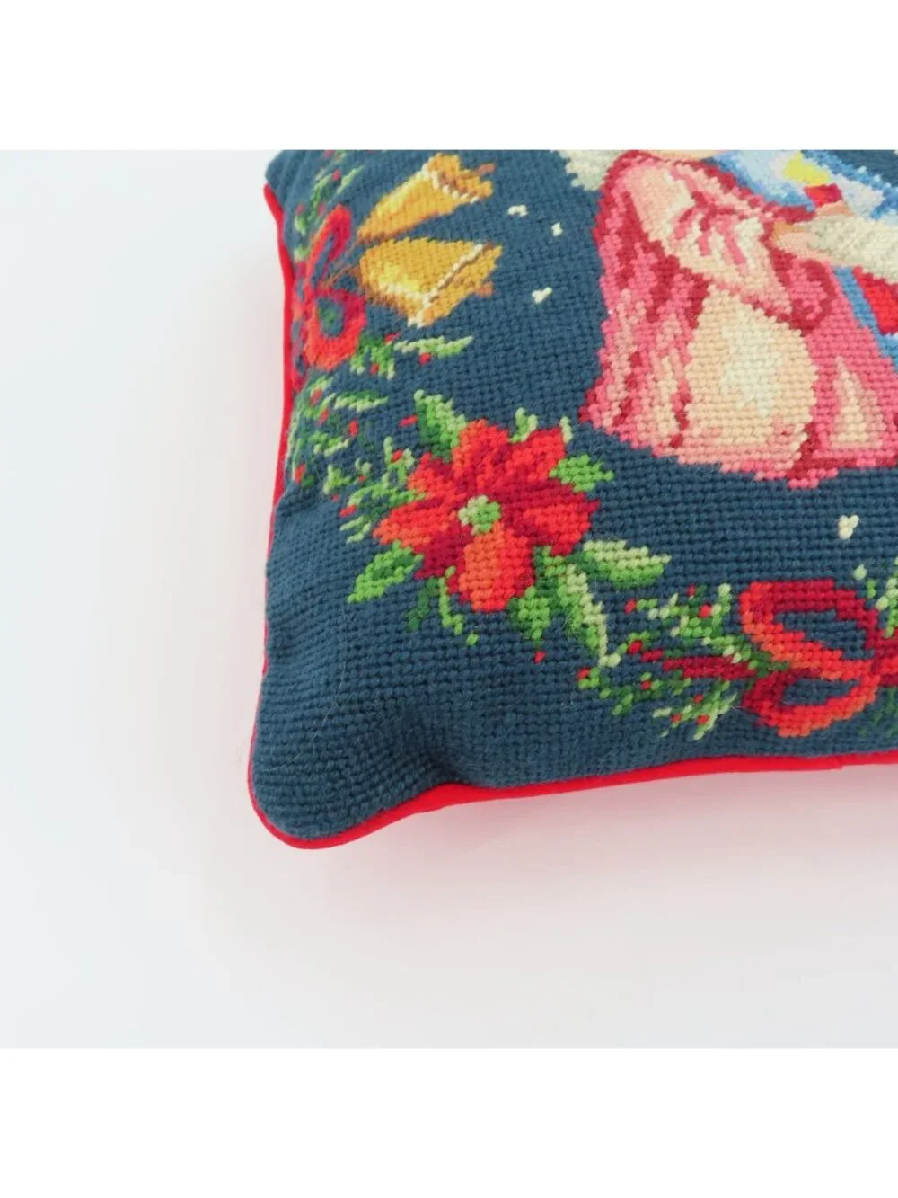 Vintage Needlepoint Praying Angel Children Red Flowers Bow Bells Square Pillow